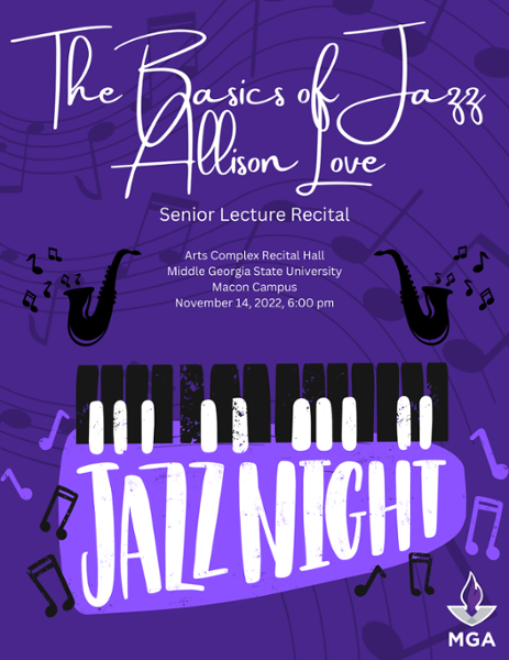 Allison Love, senior saxophone lecture, “The Basics of Jazz,” 6 p.m. Monday, Nov. 14, Arts Complex Rehearsal Hall, Macon Campus.